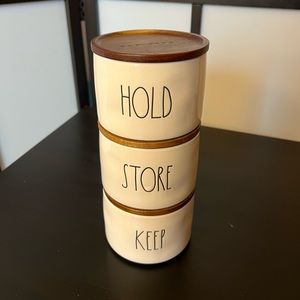 Rae Dunn set of storage canisters. Cream ceramic with wood lids. EUC.